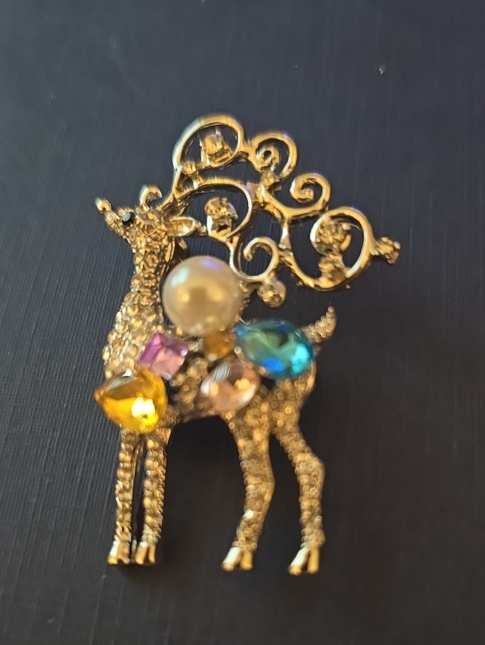 Gold-tone Reindeer Crystal Brooch with Multicolor Gems - Women Jewelry